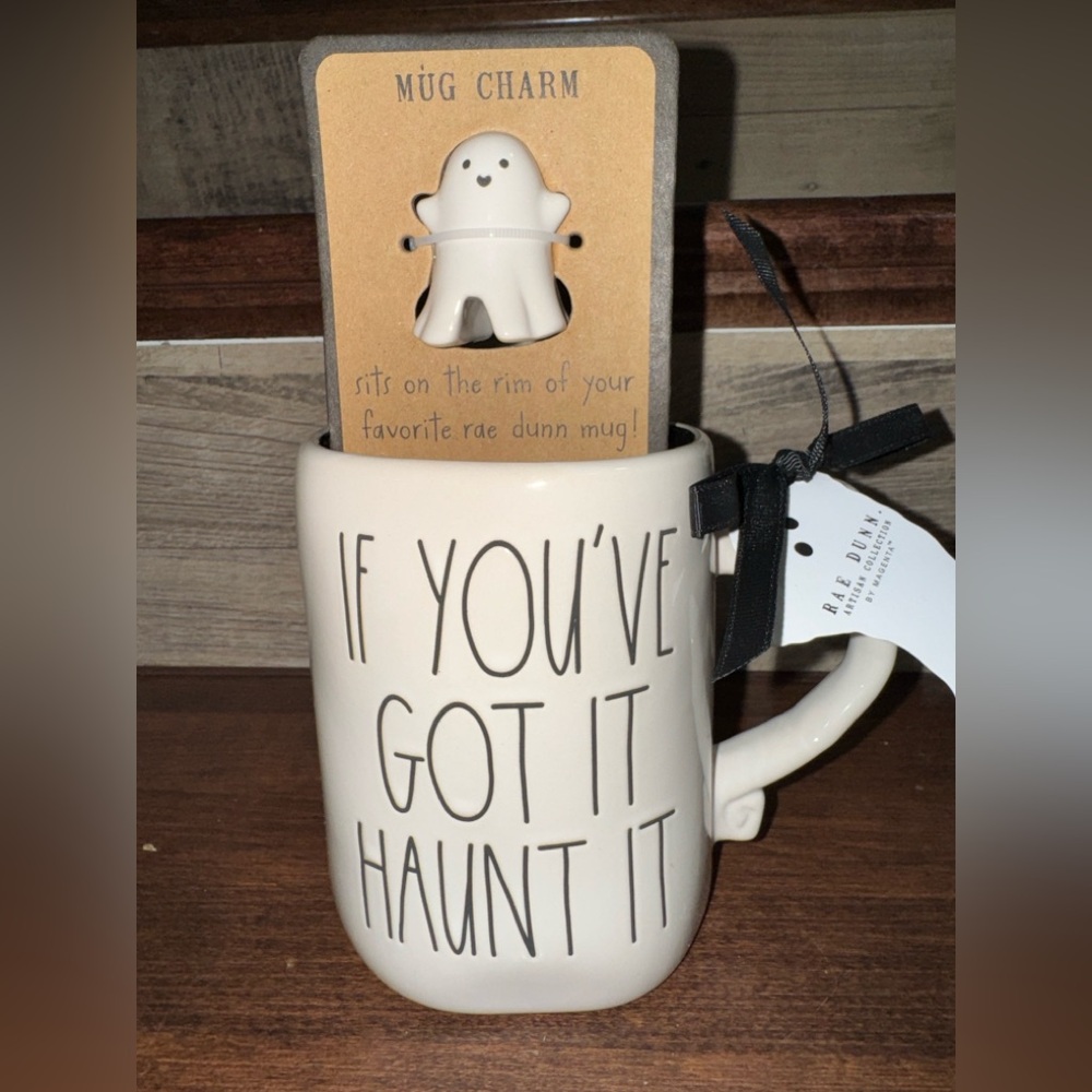 🥰 Cream Halloween Mug “If You've Got It Haunt It' with Ghost Charm by Rae Dunn